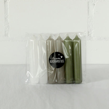 Dinerkaarsen kort GREENISH mix - 6 stuks